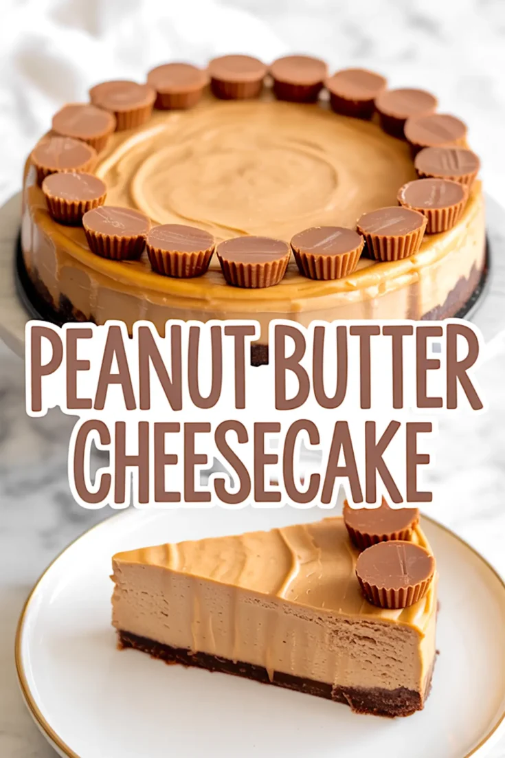 Creamy peanut butter cheesecake on a marble background, decorated with a ring of mini peanut butter cups, served with a slice on a white plate.