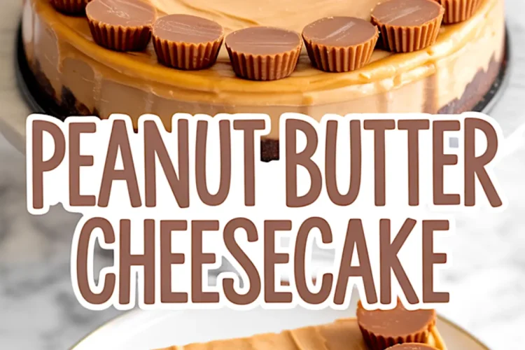 Creamy peanut butter cheesecake on a marble background, decorated with a ring of mini peanut butter cups, served with a slice on a white plate.