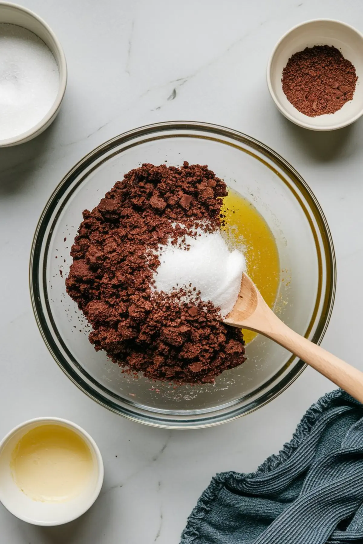 Glass mixing bowl filled with crushed chocolate cookies, sugar, and melted butter for cheesecake crust preparation, surrounded by small bowls of ingredients.
