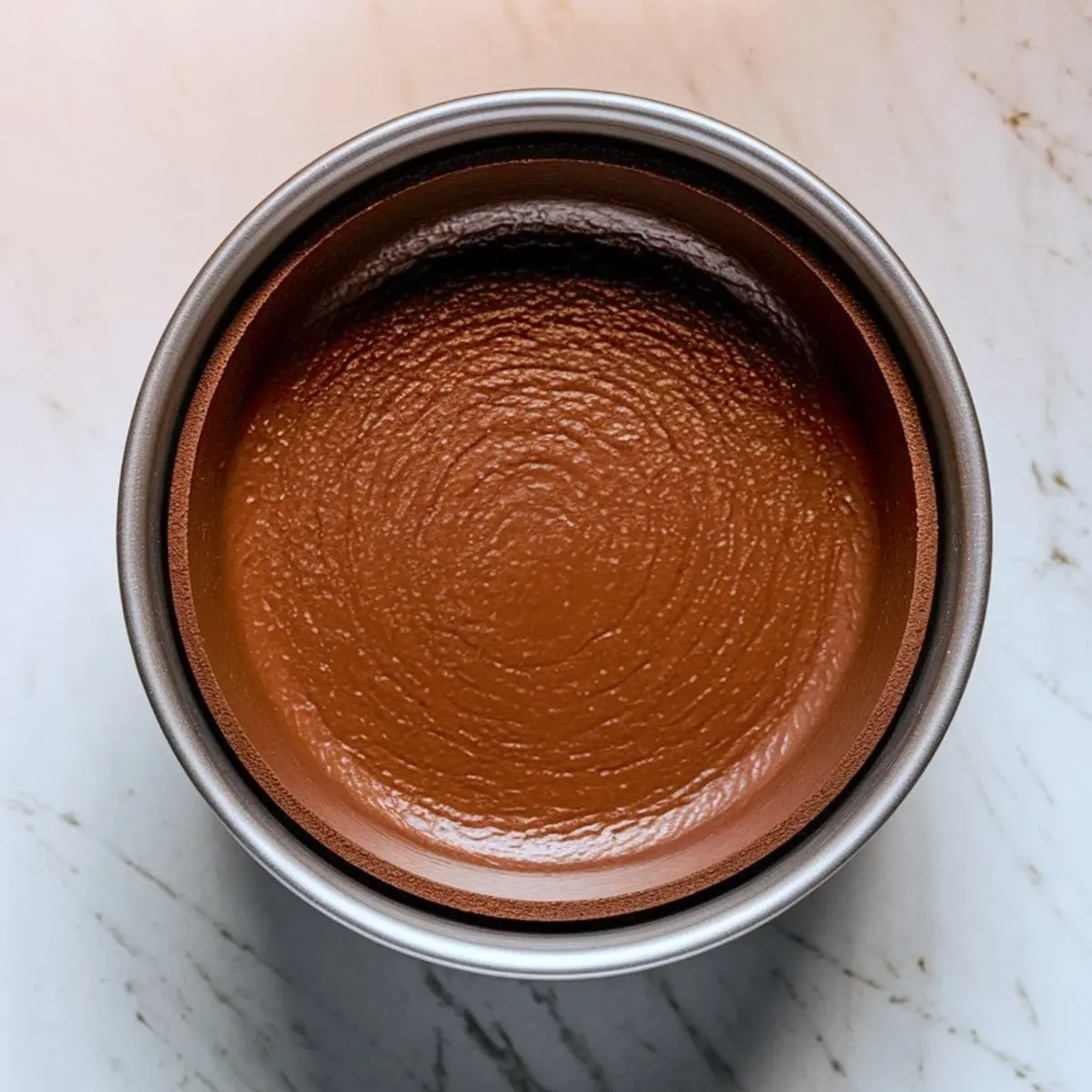Prepared chocolate cookie crust pressed evenly into a round cake pan, ready for peanut butter cheesecake filling.
