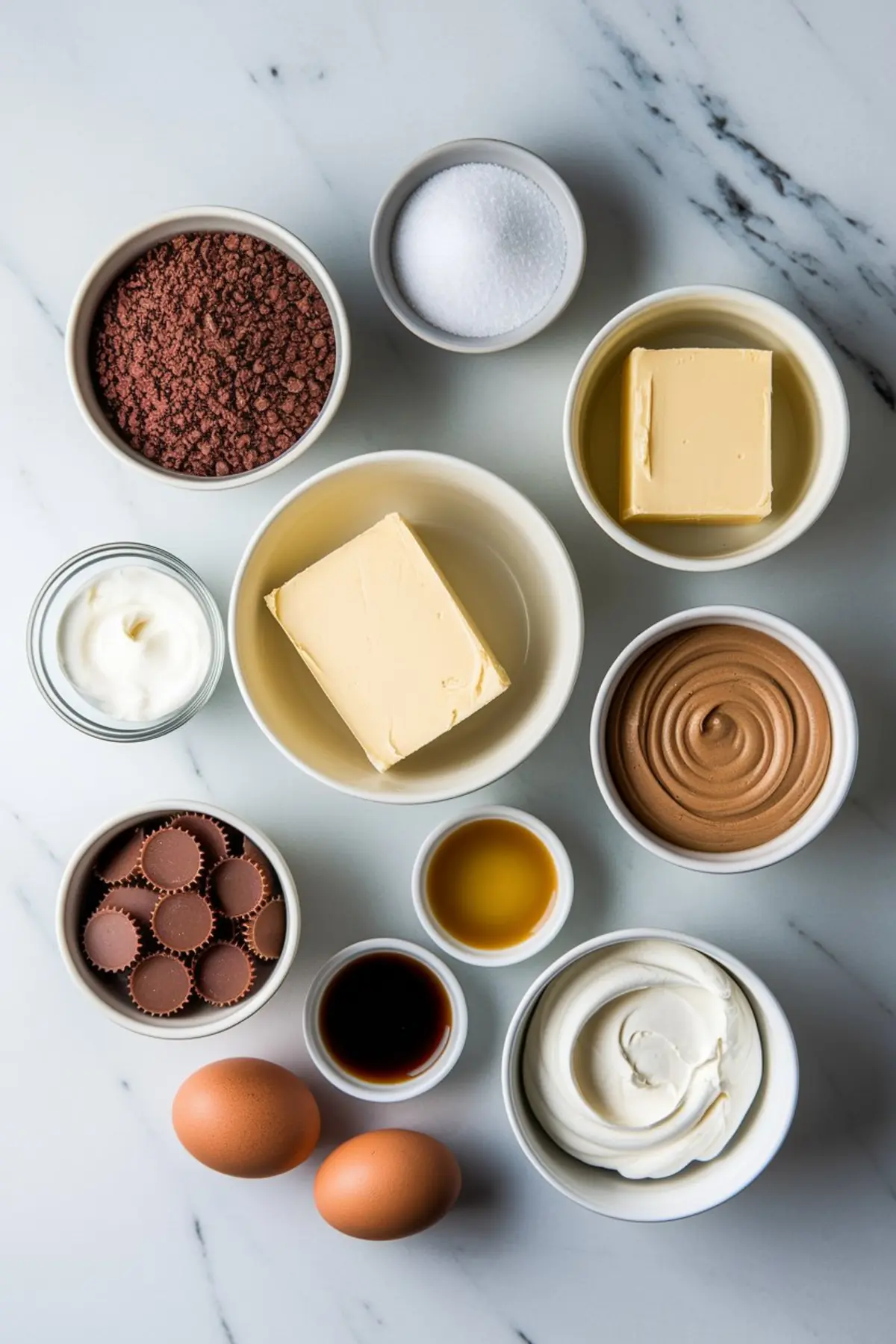 Flat lay of measured cheesecake ingredients on a marble surface, including peanut butter, cream cheese, sugar, eggs, vanilla, sour cream, mini peanut butter cups, and cocoa powder.
