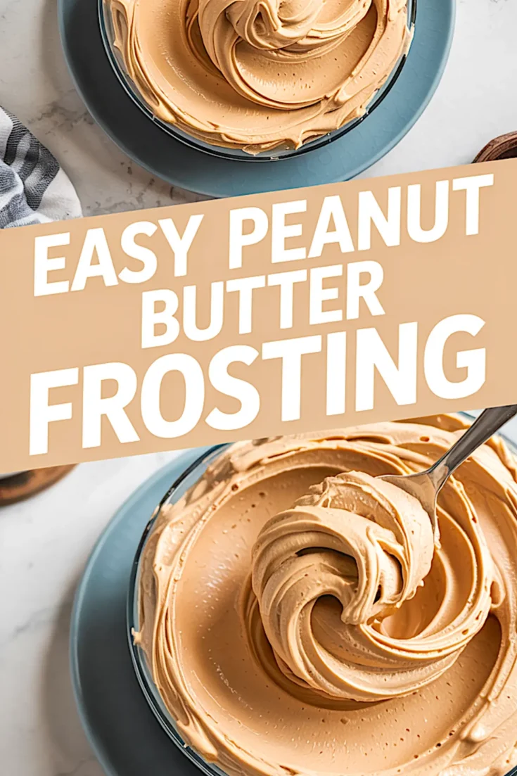 Pinterest graphic with bold “Easy Peanut Butter Frosting” text over swirled, rich peanut butter frosting in glass bowls—captures a fluffy pb frosting recipe suited for peanut butter cupcakes and homemade peanut butter icing.