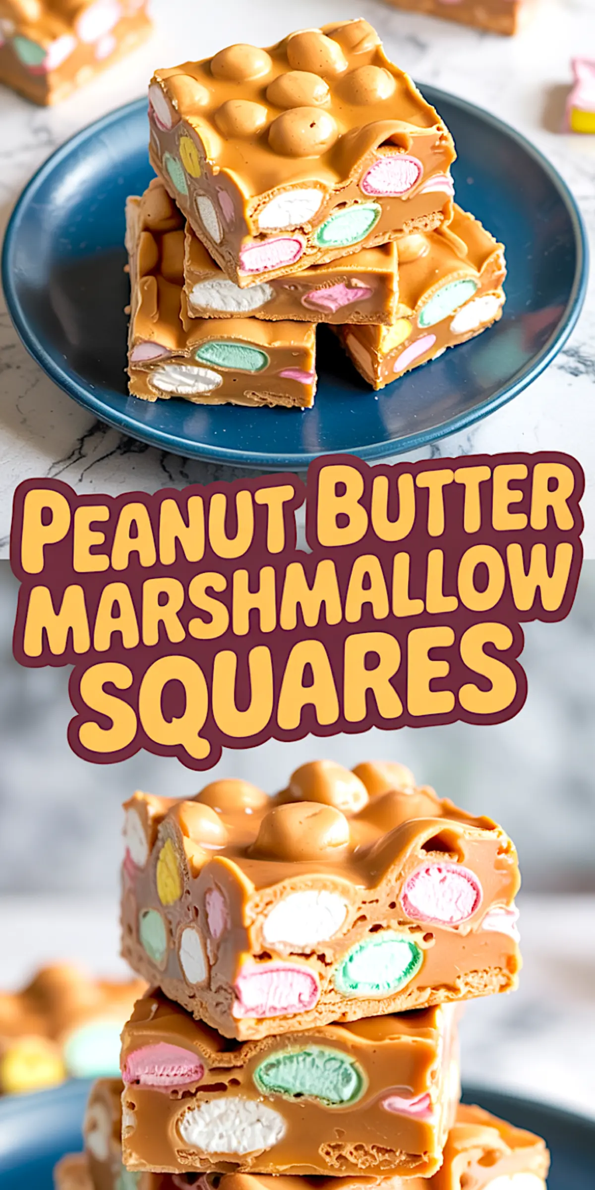 Three thick peanut butter marshmallow bars stacked on a blue plate, with a smooth butterscotch coating and vibrant mini marshmallow centers.