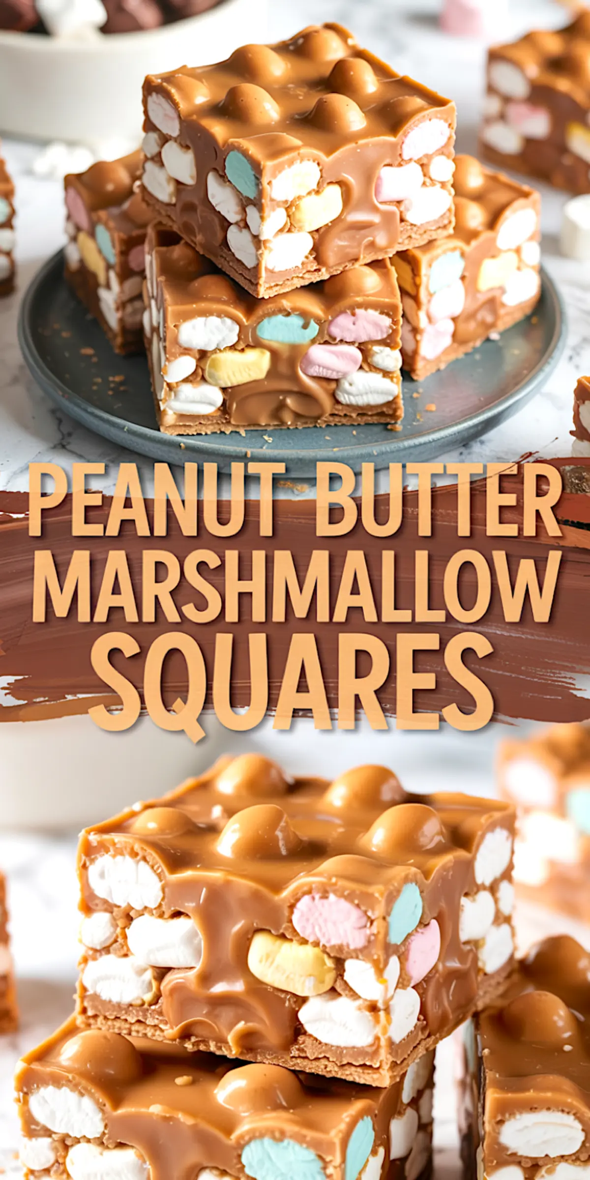Close-up of creamy peanut butter marshmallow squares on a gray plate, loaded with white, pink, blue, and yellow mini marshmallows and a glossy finish.