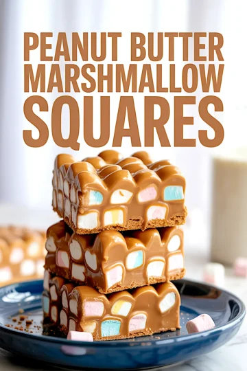 Three-layer stack of peanut butter marshmallow squares on a blue plate with text overlay, highlighting the smooth butterscotch base and colorful marshmallow chunks.