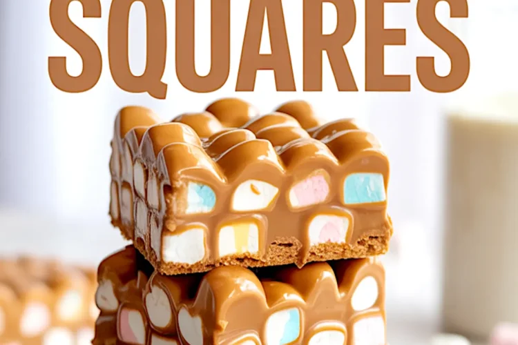 Three-layer stack of peanut butter marshmallow squares on a blue plate with text overlay, highlighting the smooth butterscotch base and colorful marshmallow chunks.