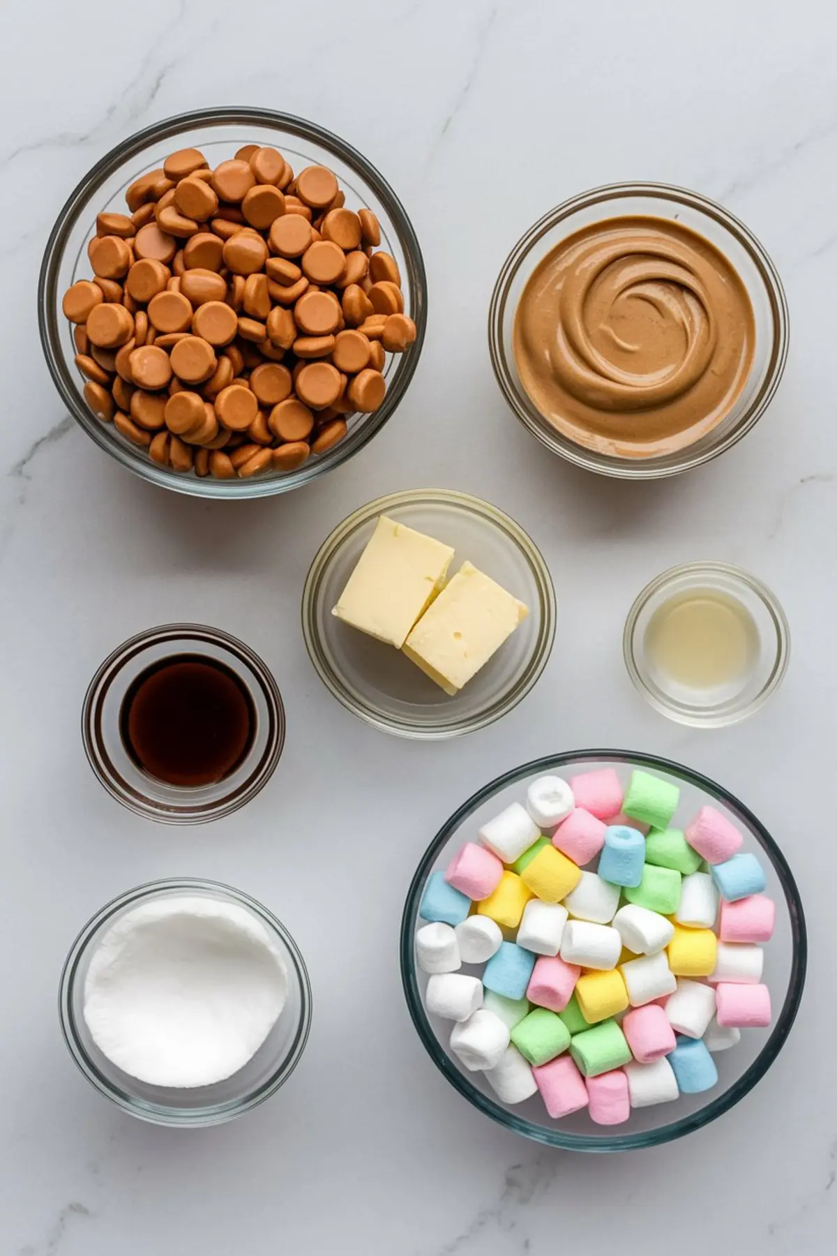 Overhead view of glass bowls filled with ingredients for peanut butter marshmallow squares, including butterscotch chips, creamy peanut butter, butter cubes, vanilla extract, sweetened condensed milk, white granulated sugar, and colorful mini marshmallows on a marble background.