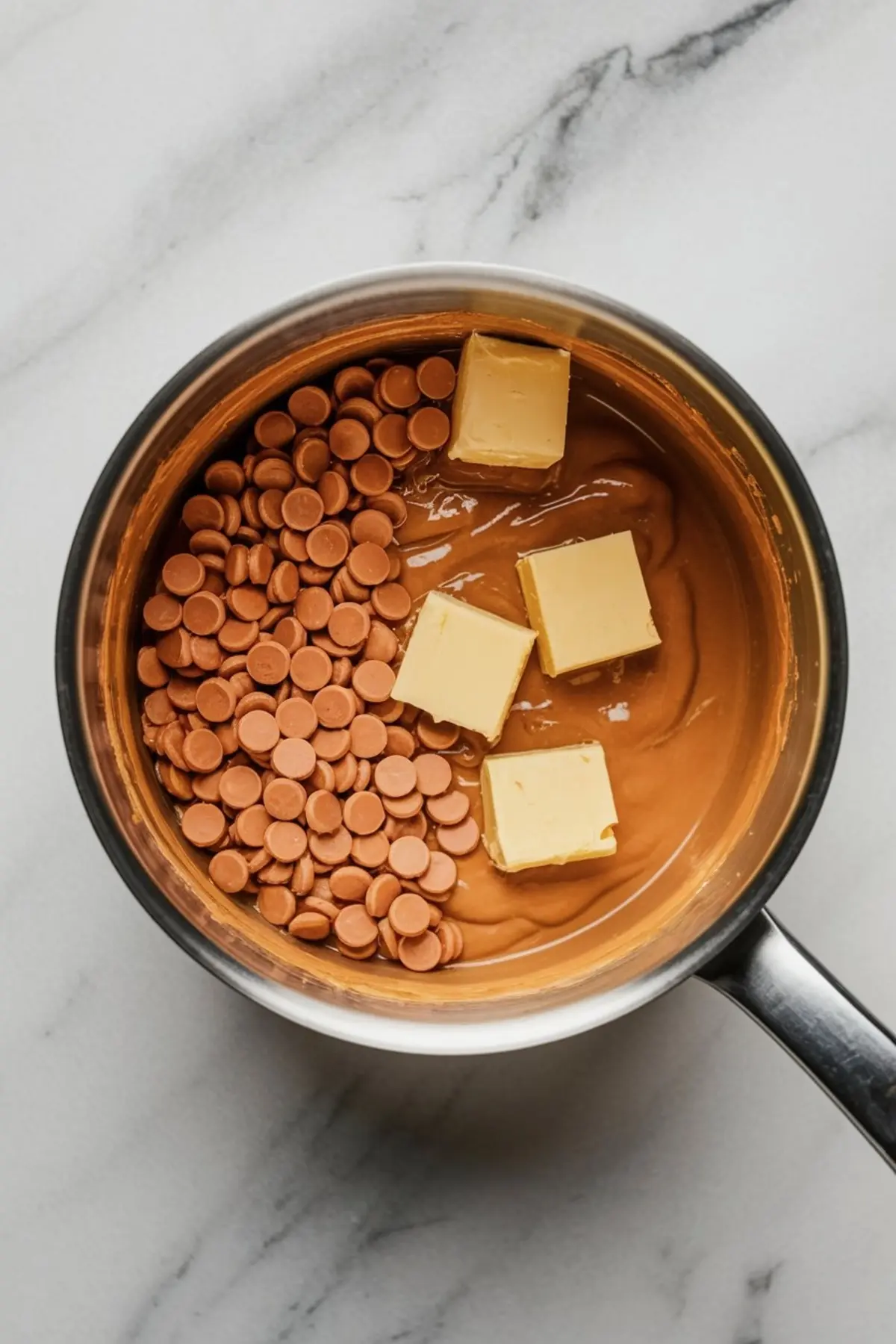 Saucepan filled with melted peanut butter, partially stirred with butterscotch chips and chunks of butter, set on a light marble counter.