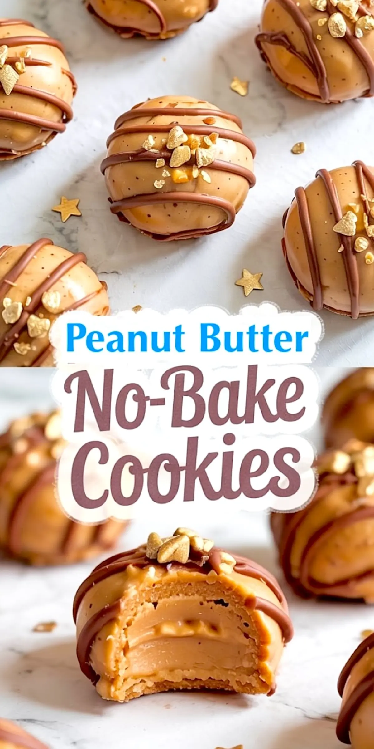 Decorative collage image of round no-bake peanut butter cookies drizzled with chocolate and topped with crushed golden peanuts, styled with gold star sprinkles and text overlay reading “Peanut Butter No-Bake Cookies.”