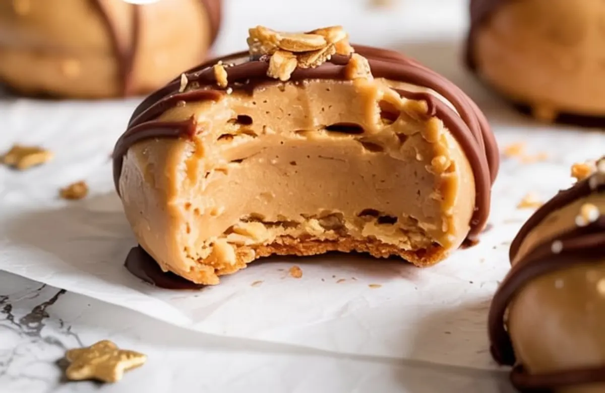 Close-up of a bitten no-bake peanut butter cookie revealing creamy layered filling, chocolate drizzle, and granola topping on a parchment-lined marble surface.