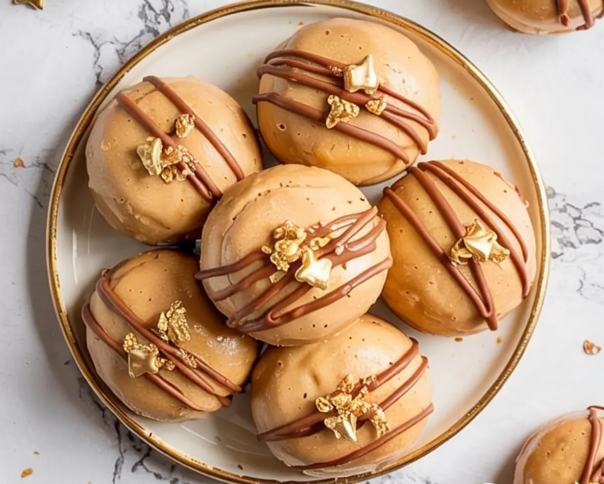 Plate of round no-bake peanut butter cookies topped with chocolate drizzle and crushed golden candies, arranged on a marble counter for a festive presentation.