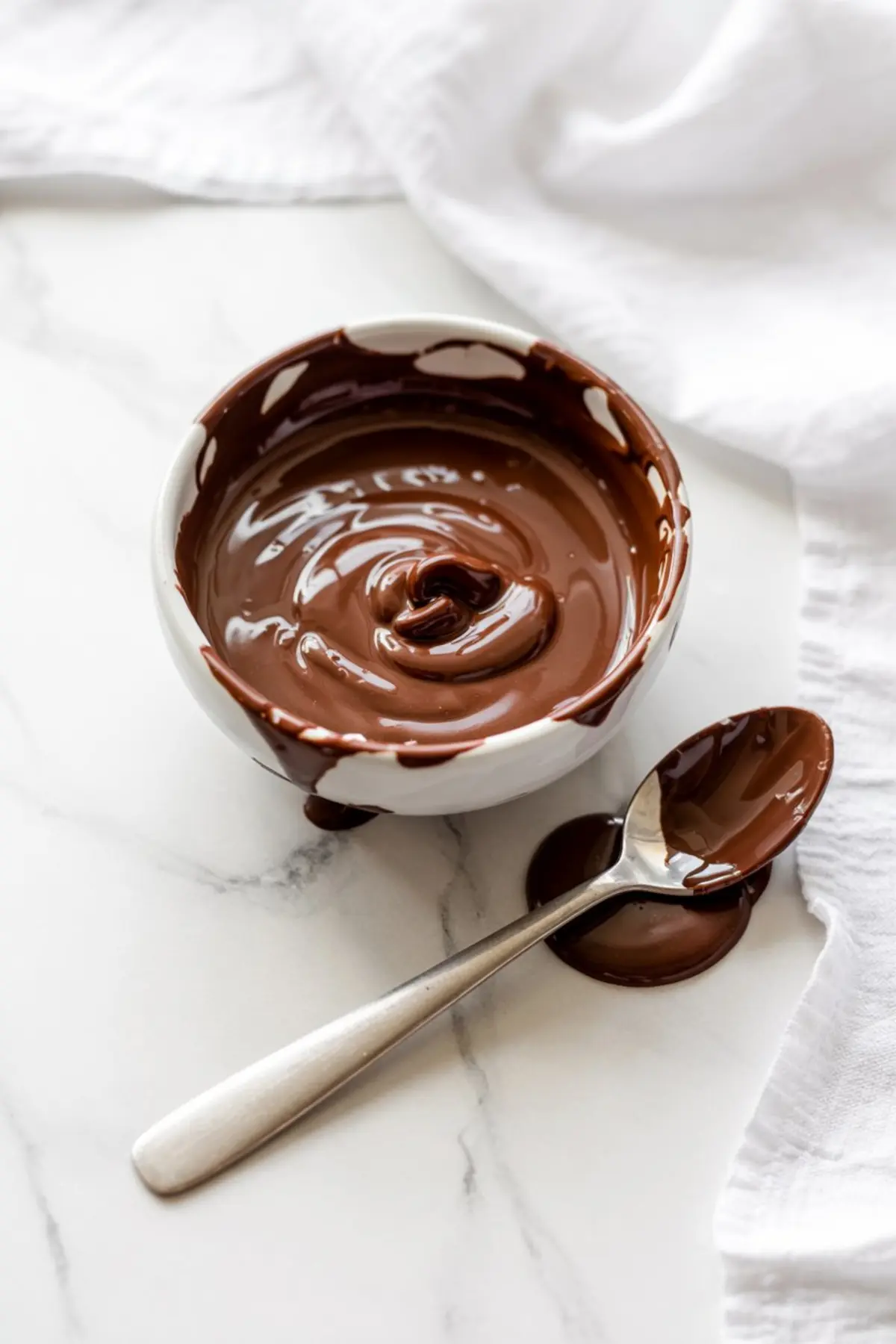 Small white bowl of melted chocolate with a metal spoon, both with chocolate drips, styled on a white marble surface with a soft white cloth.