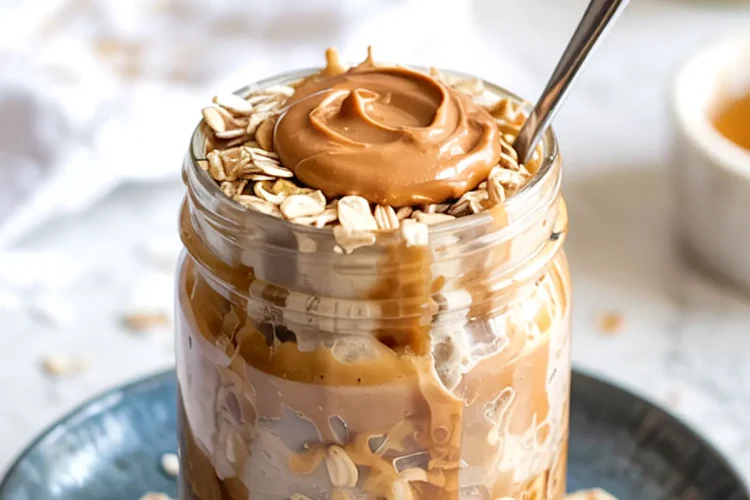 Mason jar filled with layered peanut butter overnight oats, oats on top with a swirl of peanut butter, and text overlay reading “peanut butter overnight oats.” Placed on a blue plate with oats scattered. Great for over night oats in a jar and protein overnight oats healthy content.