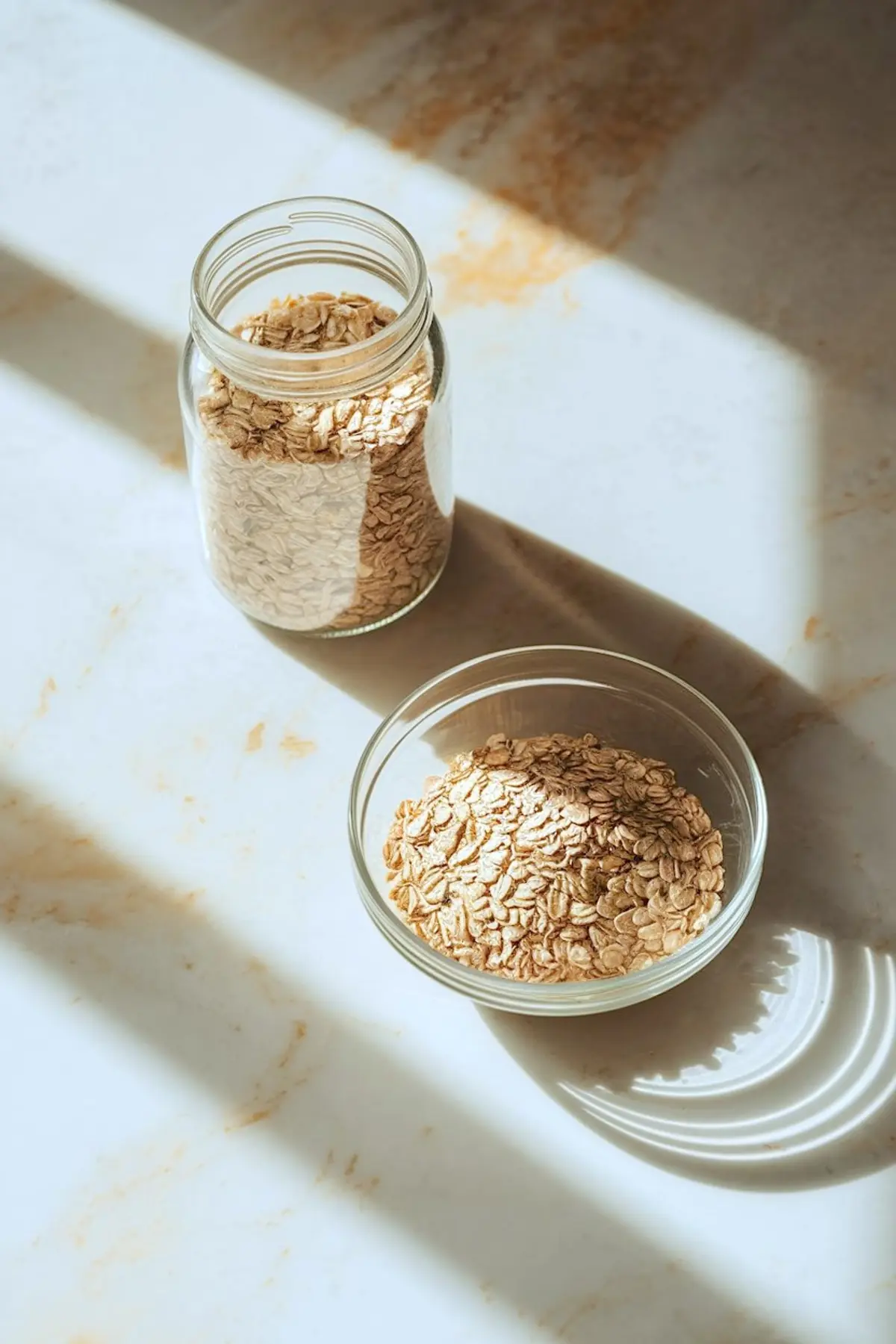 Jar and bowl filled with rolled oats placed on a sunlit marble surface. Aesthetic and minimal setup ideal for highlighting the base ingredient in overnight oats with banana or chocolate chip overnight oats.