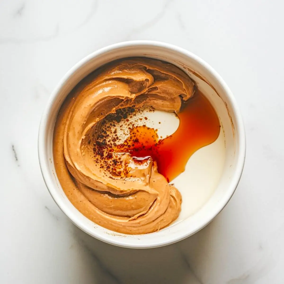 Creamy peanut butter swirled with plant-based milk, maple syrup, and vanilla extract in a white mixing bowl, ready to blend into a healthy overnight oats base. Ideal visual for blended overnight oats or snickers overnight oats prep.