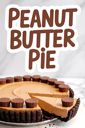 Peanut butter pie with chocolate cookie crust and mini peanut butter cups on top, with one slice pulled out, showing the rich, creamy peanut butter filling, text overlay “Peanut Butter Pie.”
