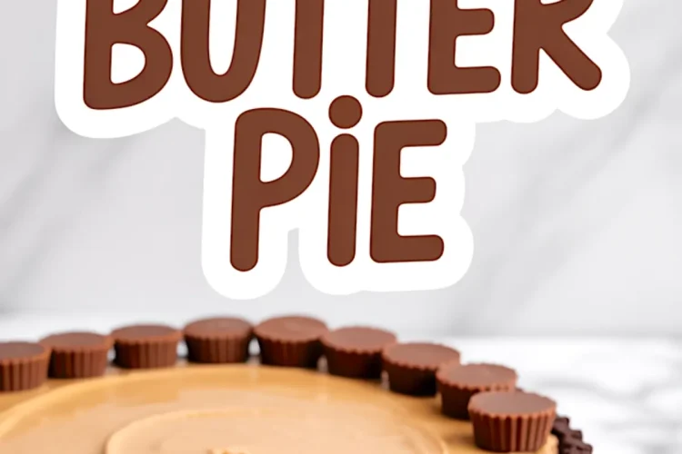 Peanut butter pie with chocolate cookie crust and mini peanut butter cups on top, with one slice pulled out, showing the rich, creamy peanut butter filling, text overlay “Peanut Butter Pie.”