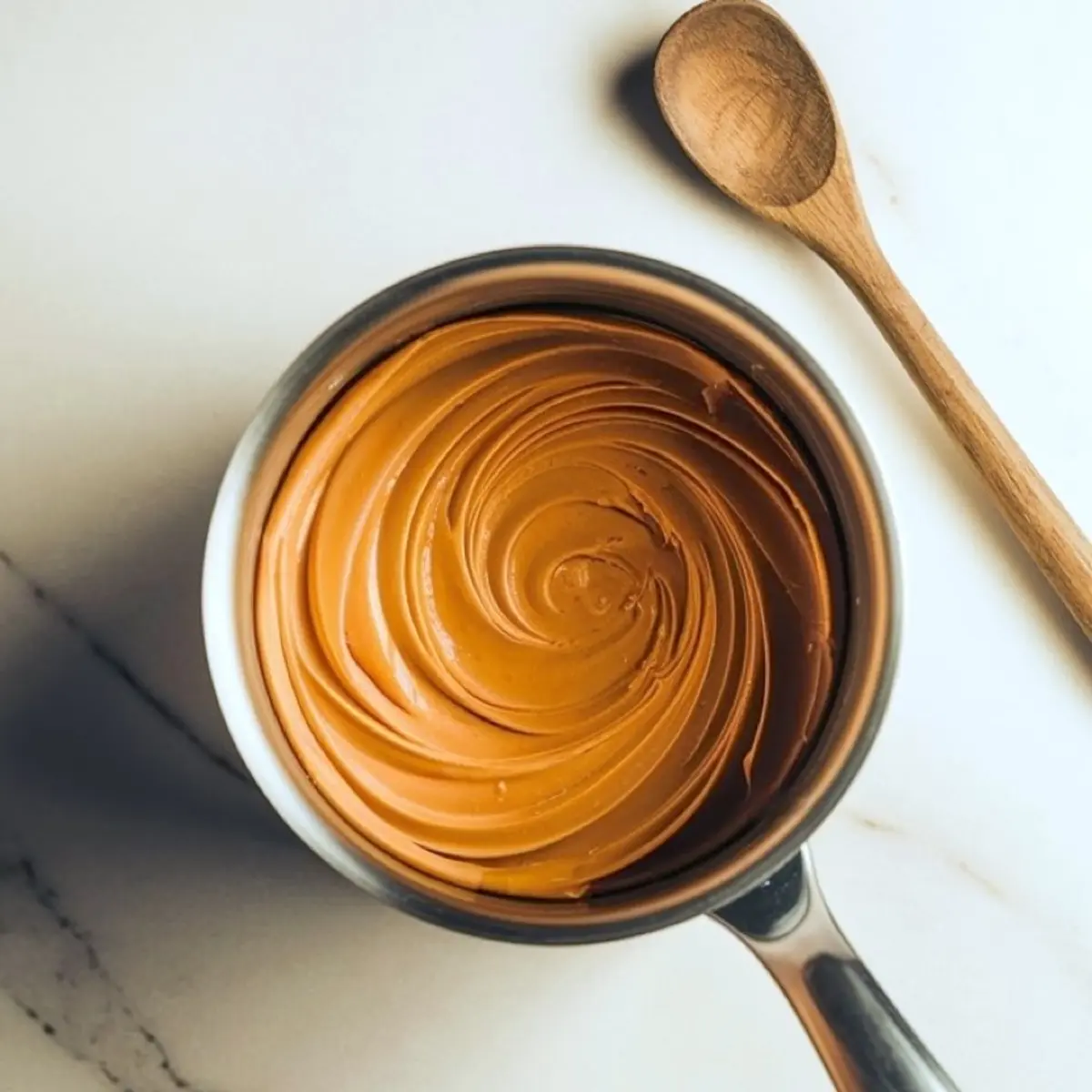 Close-up of creamy peanut butter swirled smoothly in a metal saucepan, placed on a white marble surface next to a wooden spoon, ready for baking preparation.