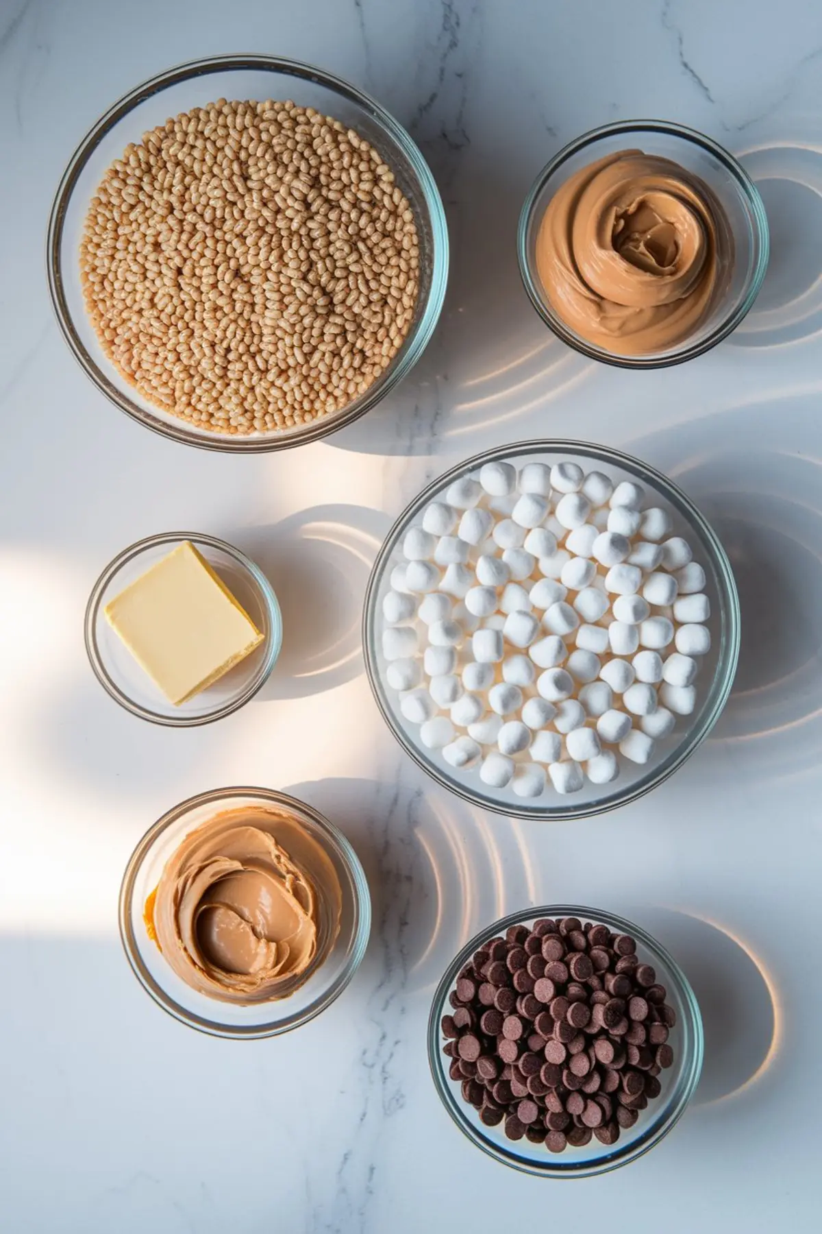 Glass bowls filled with ingredients for peanut butter Rice Krispie treats on a marble countertop. The bowls contain puffed rice cereal, creamy peanut butter, mini marshmallows, butter, and chocolate chips, arranged in a flat lay with natural light.