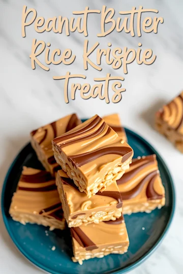 Stacked peanut butter Rice Krispie treats with chocolate swirls on a dark teal plate, displayed on a marble surface. The text overlay reads “Peanut Butter Rice Krispie Treats” in playful script.