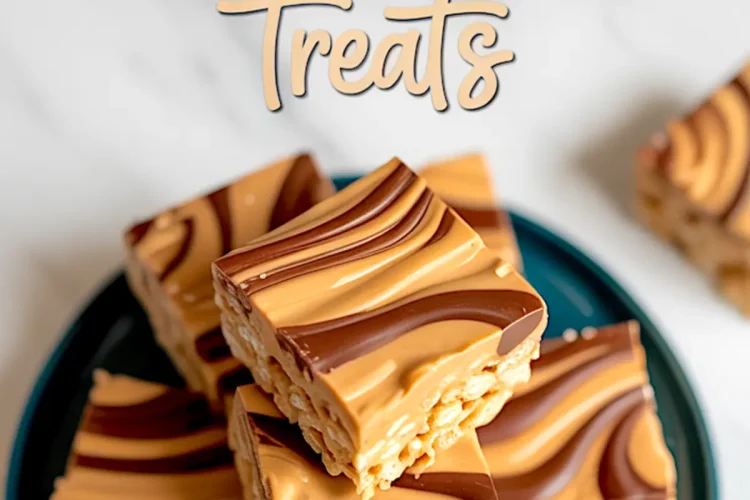 Stacked peanut butter Rice Krispie treats with chocolate swirls on a dark teal plate, displayed on a marble surface. The text overlay reads “Peanut Butter Rice Krispie Treats” in playful script.