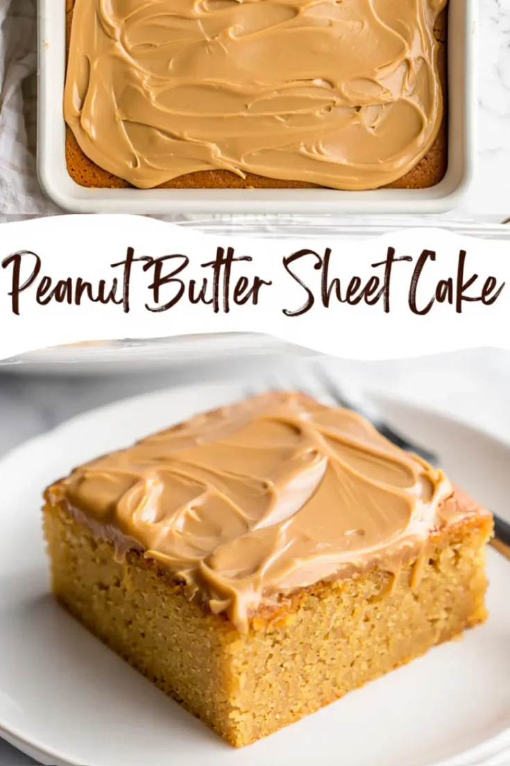 Top view of a peanut butter sheet cake in a white rectangular pan, covered with smooth, glossy peanut butter frosting. Below, a slice of the cake displayed on a white plate, highlighting the dense crumb and thick frosting layer.
