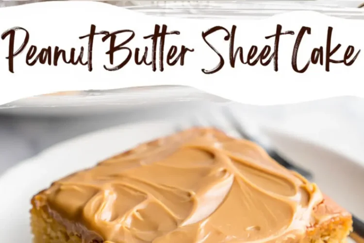 Top view of a peanut butter sheet cake in a white rectangular pan, covered with smooth, glossy peanut butter frosting. Below, a slice of the cake displayed on a white plate, highlighting the dense crumb and thick frosting layer.