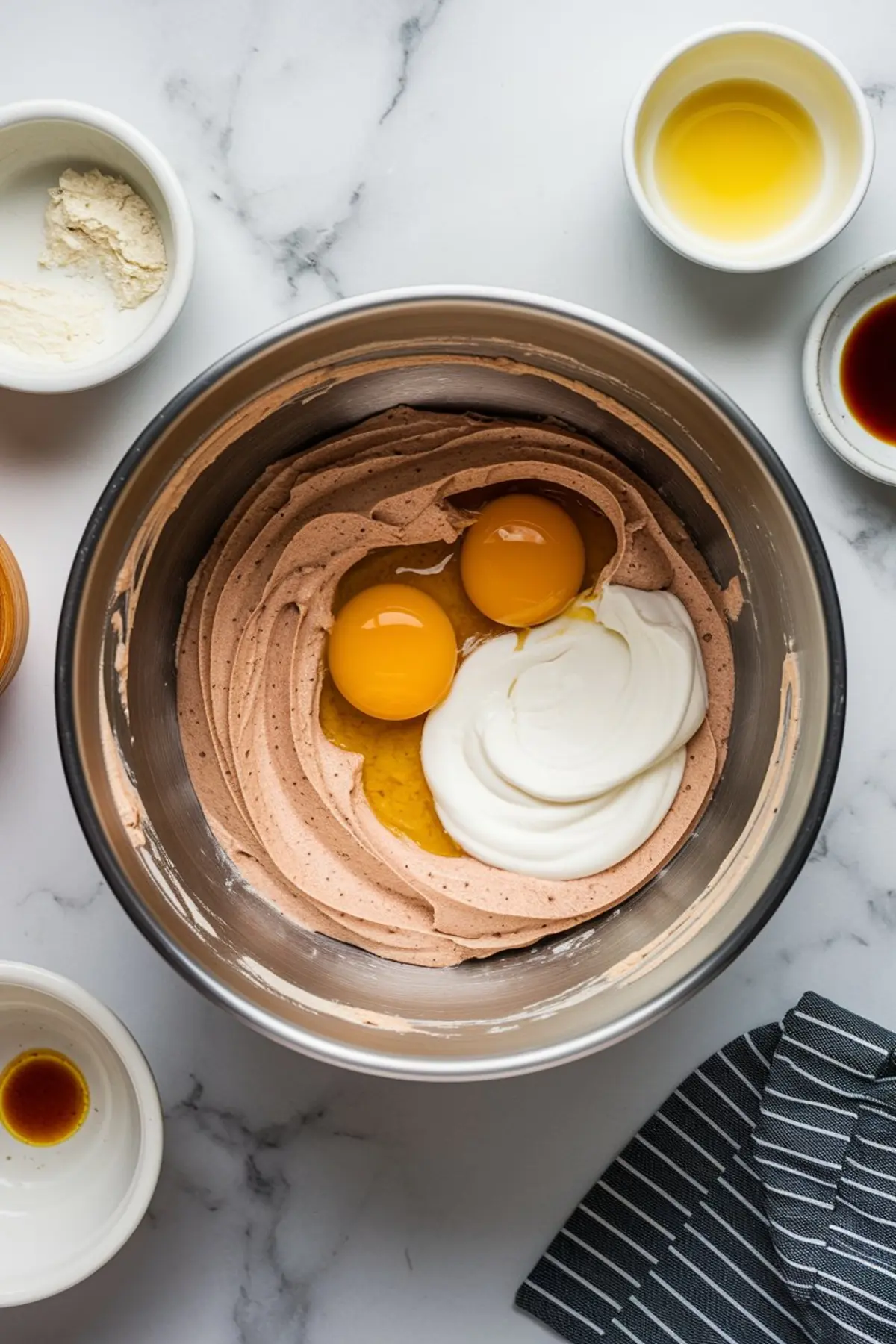 Overhead shot of a mixing bowl with creamy batter, two egg yolks, and a dollop of sour cream on top, surrounded by small bowls of various ingredients on a marble countertop.
