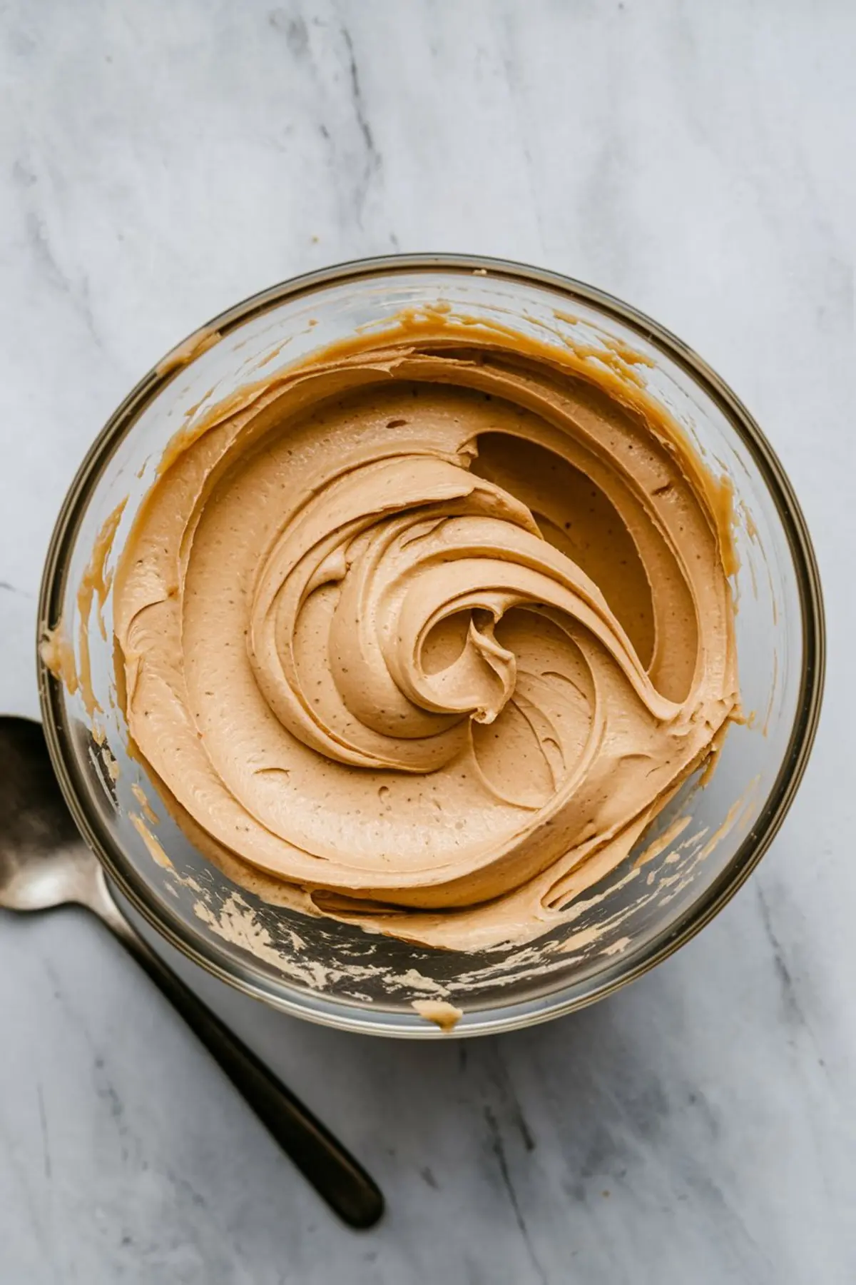 Overhead view of whipped peanut butter frosting in a glass mixing bowl, showing thick, swirled texture, ready for spreading on the cake.
