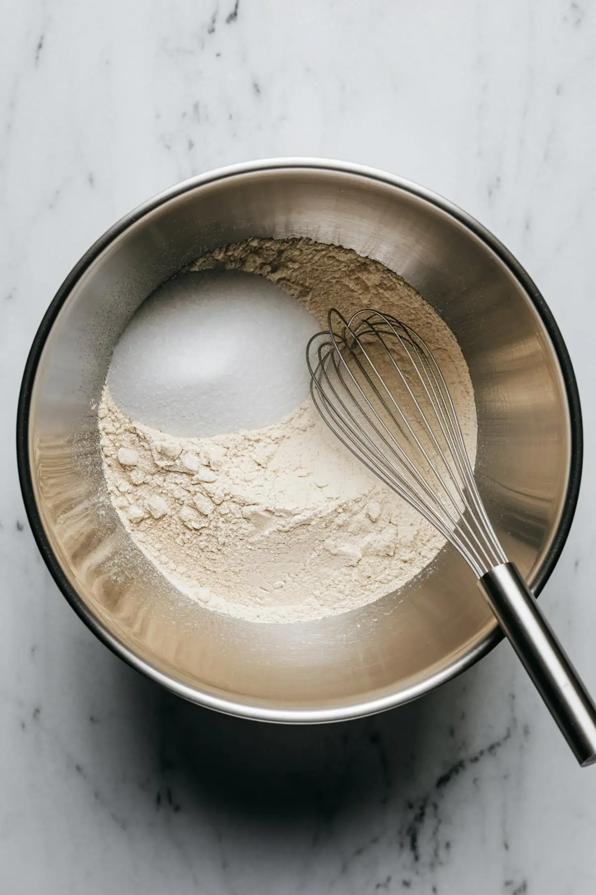 Top view of dry ingredients in a metal mixing bowl, including flour and sugar, with a metal whisk resting inside, ready for mixing.
