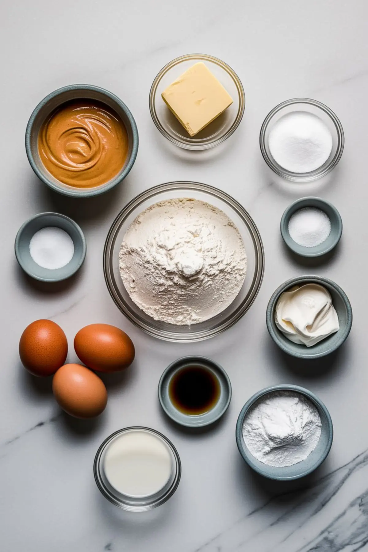 Flat lay of individual ingredients for peanut butter sheet cake arranged on a marble surface, including flour, butter, sugar, eggs, vanilla extract, sour cream, peanut butter, milk, baking powder, baking soda, and salt.
