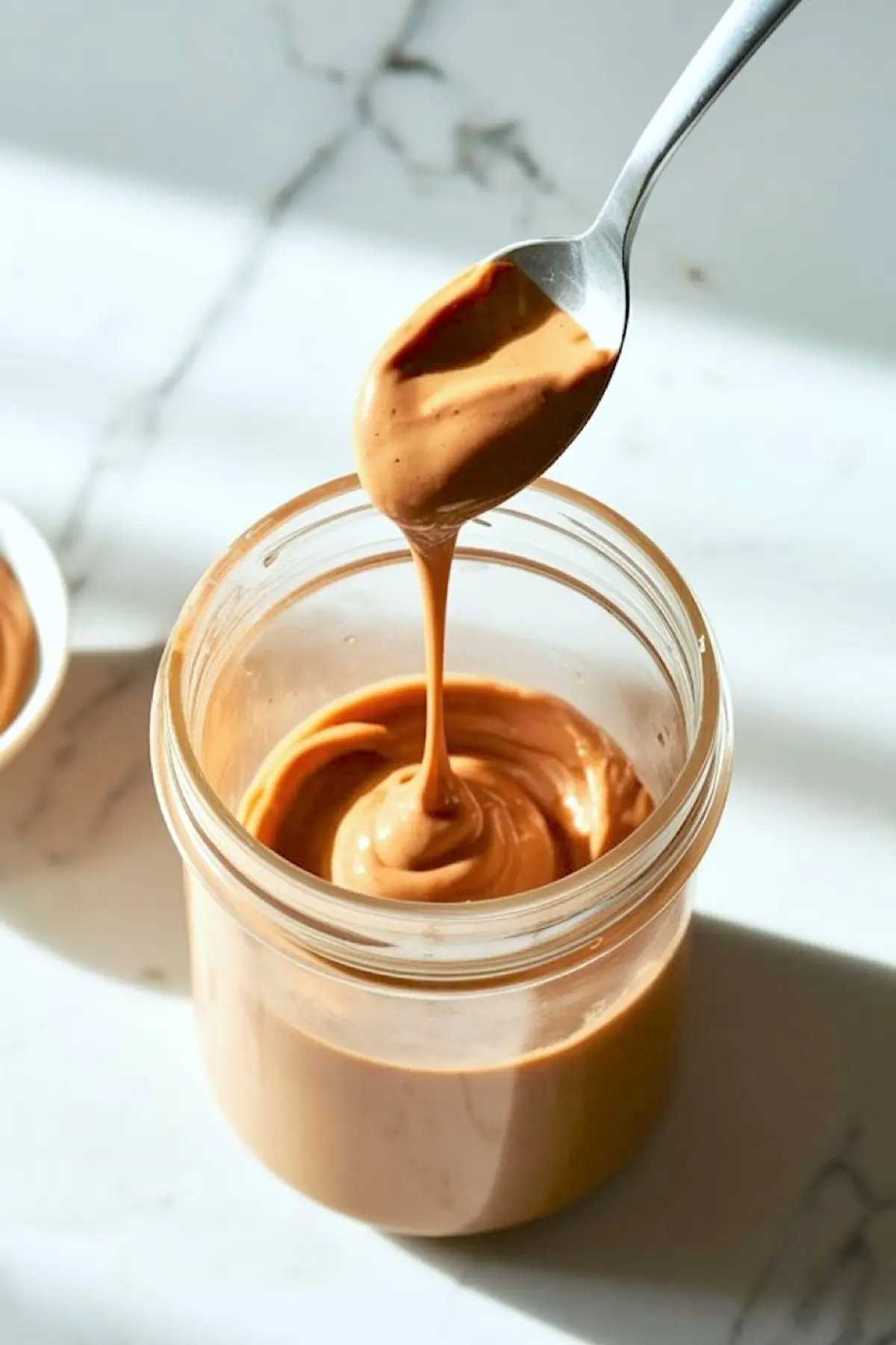 Spoon drizzling smooth peanut butter into a glass jar, highlighted by natural light on a marble background, showcasing the creamy texture ideal for healthy drinks and smoothie recipes.
