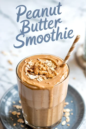 Thick peanut butter smoothie in a clear glass topped with granola and oats, set on a gray plate with a striped straw, captioned “Peanut Butter Smoothie” for smoothie aesthetic inspiration.