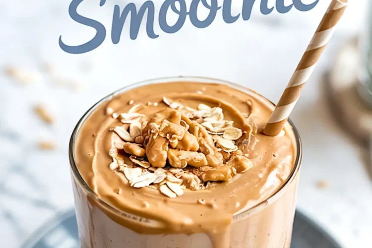Thick peanut butter smoothie in a clear glass topped with granola and oats, set on a gray plate with a striped straw, captioned “Peanut Butter Smoothie” for smoothie aesthetic inspiration.