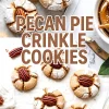 Collage of freshly baked pecan pie crinkle cookies on a cooling rack and parchment paper, each topped with a whole pecan and powdered sugar cracks, with central bold text reading “Pecan Pie Crinkle Cookies.”