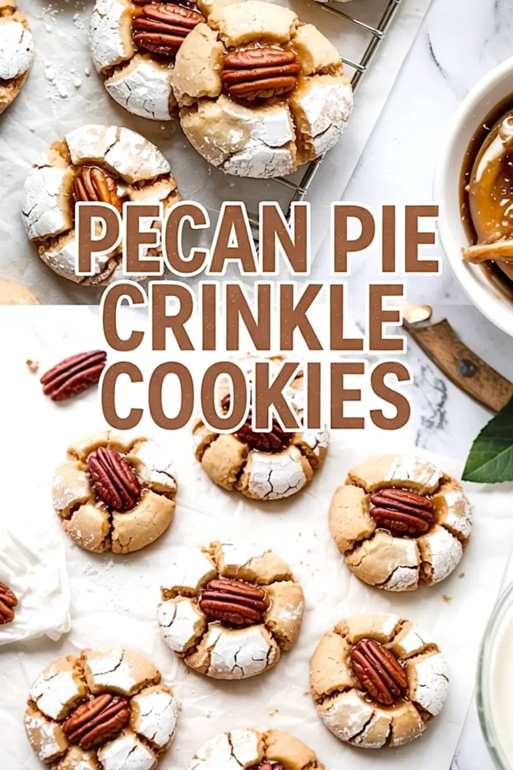Collage of freshly baked pecan pie crinkle cookies on a cooling rack and parchment paper, each topped with a whole pecan and powdered sugar cracks, with central bold text reading “Pecan Pie Crinkle Cookies.”