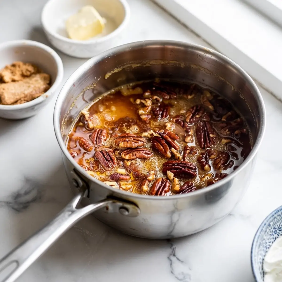 Saucepan filled with bubbling pecan pie filling made with brown sugar, butter, and whole pecans, set on a white marble surface with ingredients in small bowls nearby.