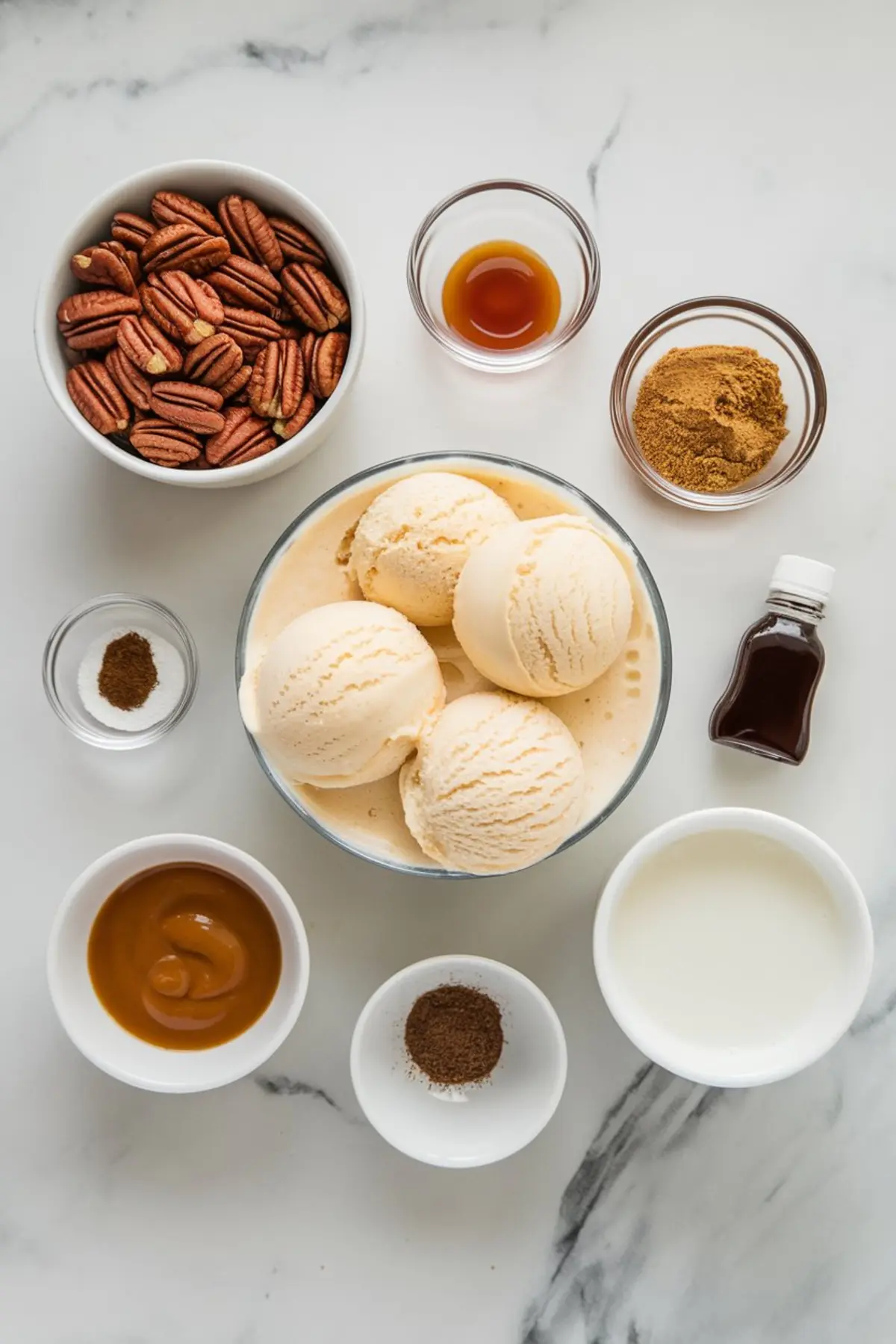 Overhead view of pecan pie milkshake ingredients including pecans, vanilla ice cream, brown sugar, milk, caramel sauce, vanilla extract, and spices arranged in small bowls on a white marble surface.