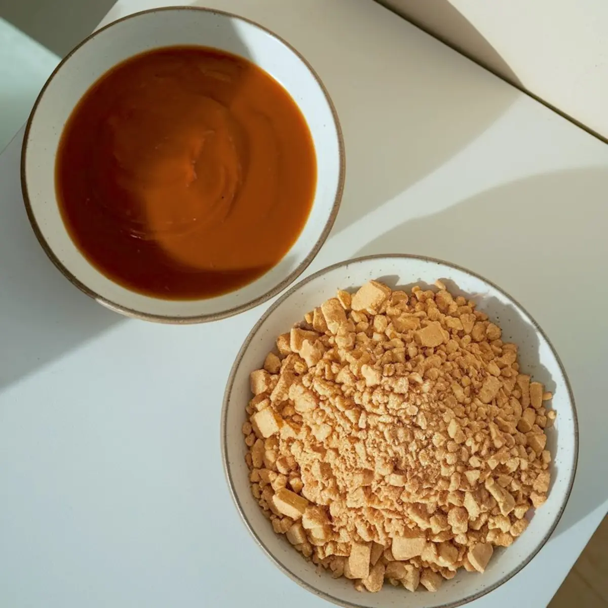 Flat lay of two ceramic bowls on a white surface, one filled with thick caramel sauce and the other with crumbled graham cracker pieces, both under natural sunlight.