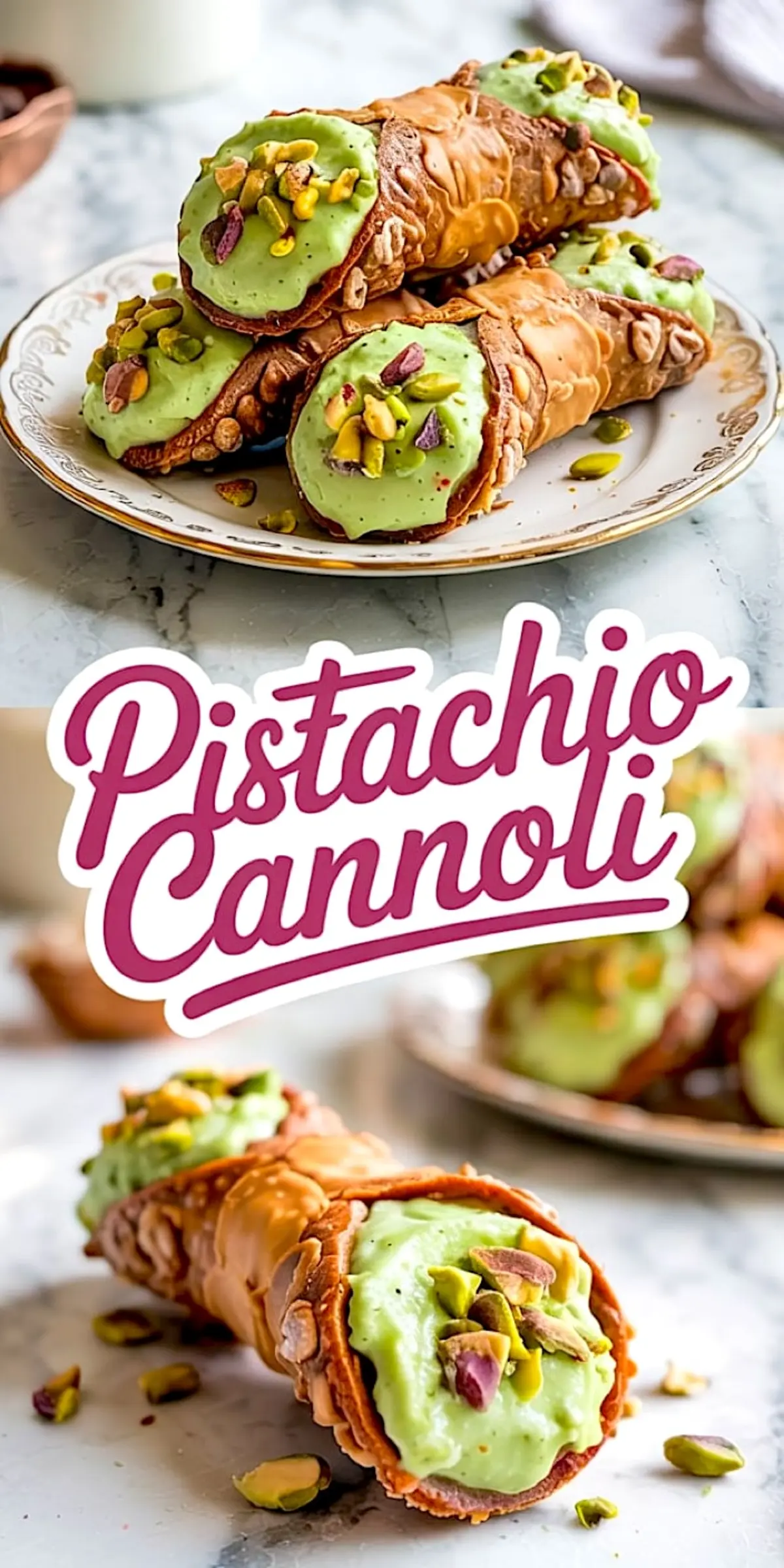 Close-up of pistachio cannoli filled with pale green pistachio cream and garnished with chopped pistachios, served on a white vintage plate and a marble surface. The crispy shell and smooth filling are highlighted, with text overlay “Pistachio Cannoli” in bold script.