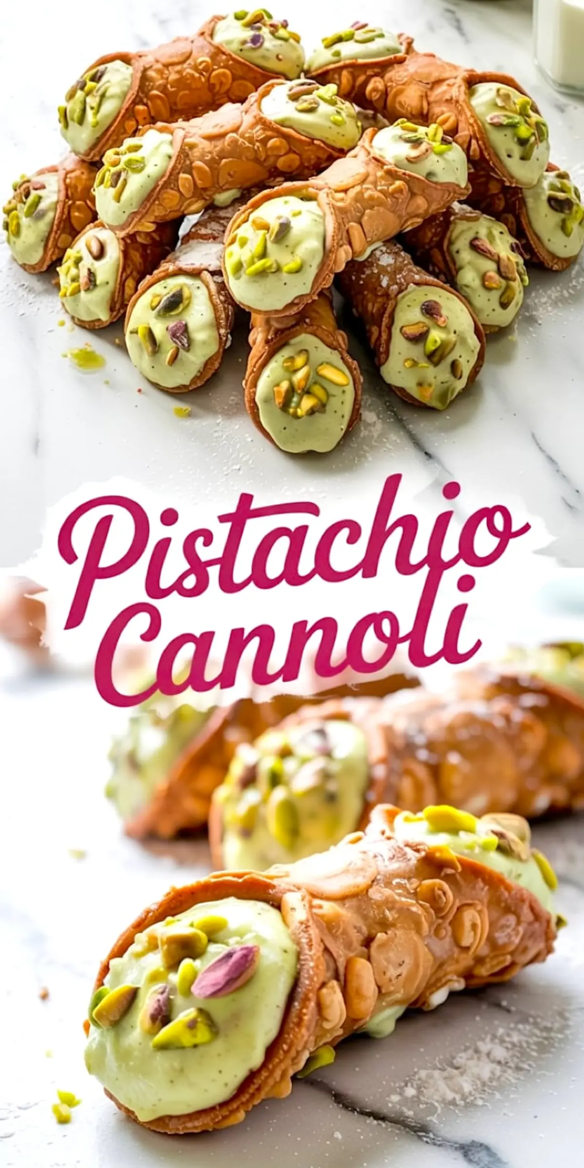 Piled pistachio cannoli with crunchy golden shells and green pistachio ricotta filling, topped with vibrant crushed pistachios, presented on marble with decorative text overlay.