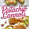 Flat lay of pistachio cannoli with piped pistachio cream and sprinkled pistachios on parchment, styled with vibrant lighting and a bold “Pistachio Cannoli” label separating the views.