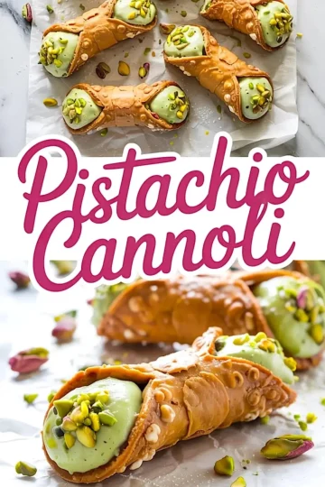 Flat lay of pistachio cannoli with piped pistachio cream and sprinkled pistachios on parchment, styled with vibrant lighting and a bold “Pistachio Cannoli” label separating the views.