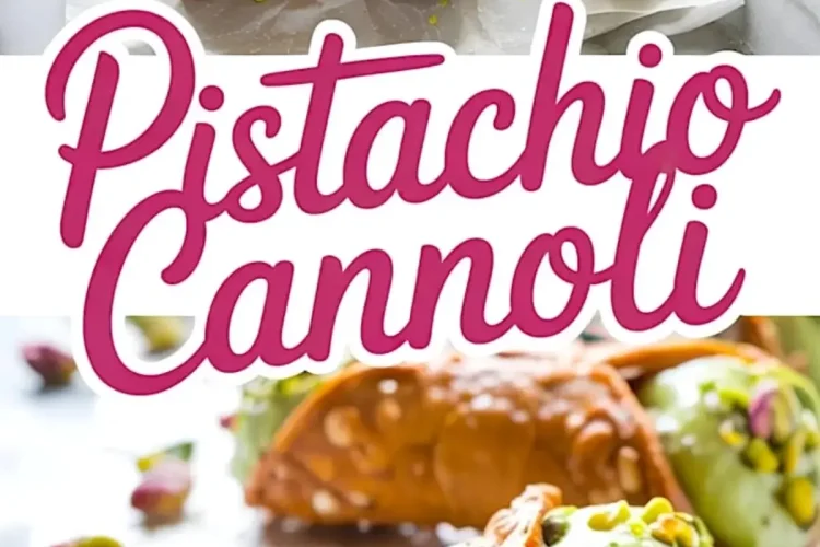 Flat lay of pistachio cannoli with piped pistachio cream and sprinkled pistachios on parchment, styled with vibrant lighting and a bold “Pistachio Cannoli” label separating the views.
