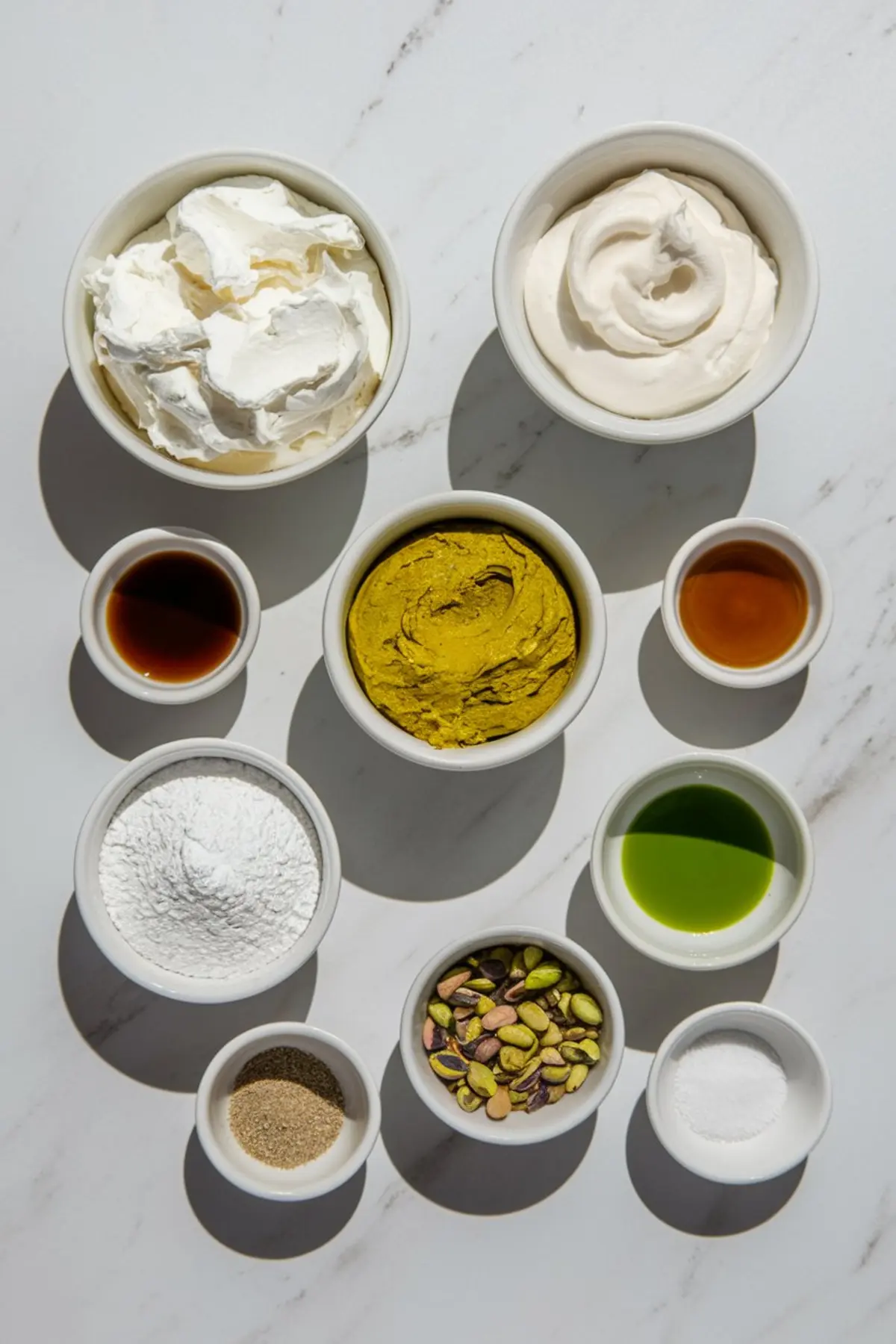 Overhead shot of ingredients in individual white bowls on a marble background, featuring whipped ricotta, mascarpone, pistachio paste, powdered sugar, vanilla extract, almond extract, pistachio oil, shelled pistachios, cardamom, and salt.