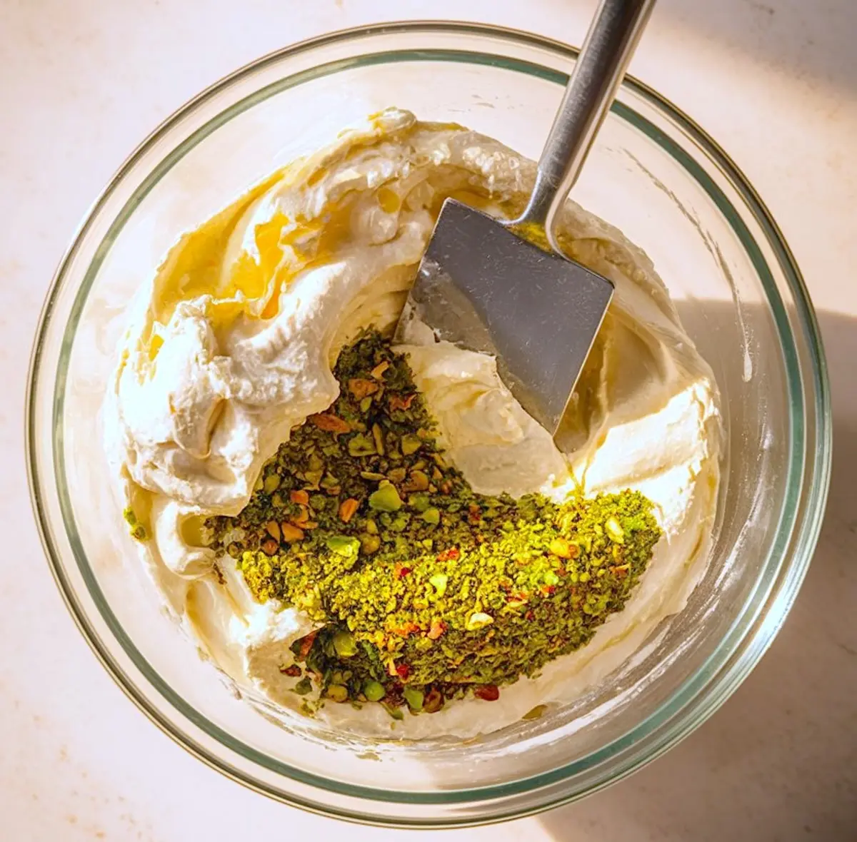 Glass bowl of whipped ricotta and mascarpone mixture partially folded with finely chopped pistachios and pistachio powder, shown with a spatula during filling preparation.