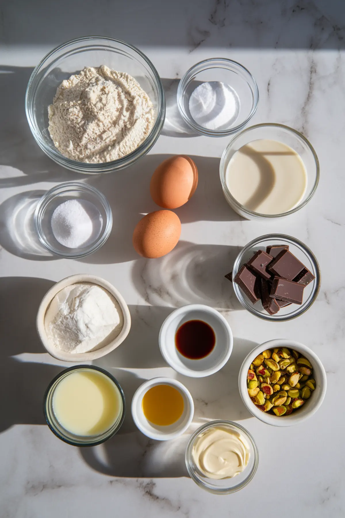 Overhead view of baking ingredients in glass bowls on a marble countertop, including flour, sugar, eggs, milk, chocolate chunks, pistachios, vanilla extract, and cream, arranged for making pistachio chocolate choux buns.