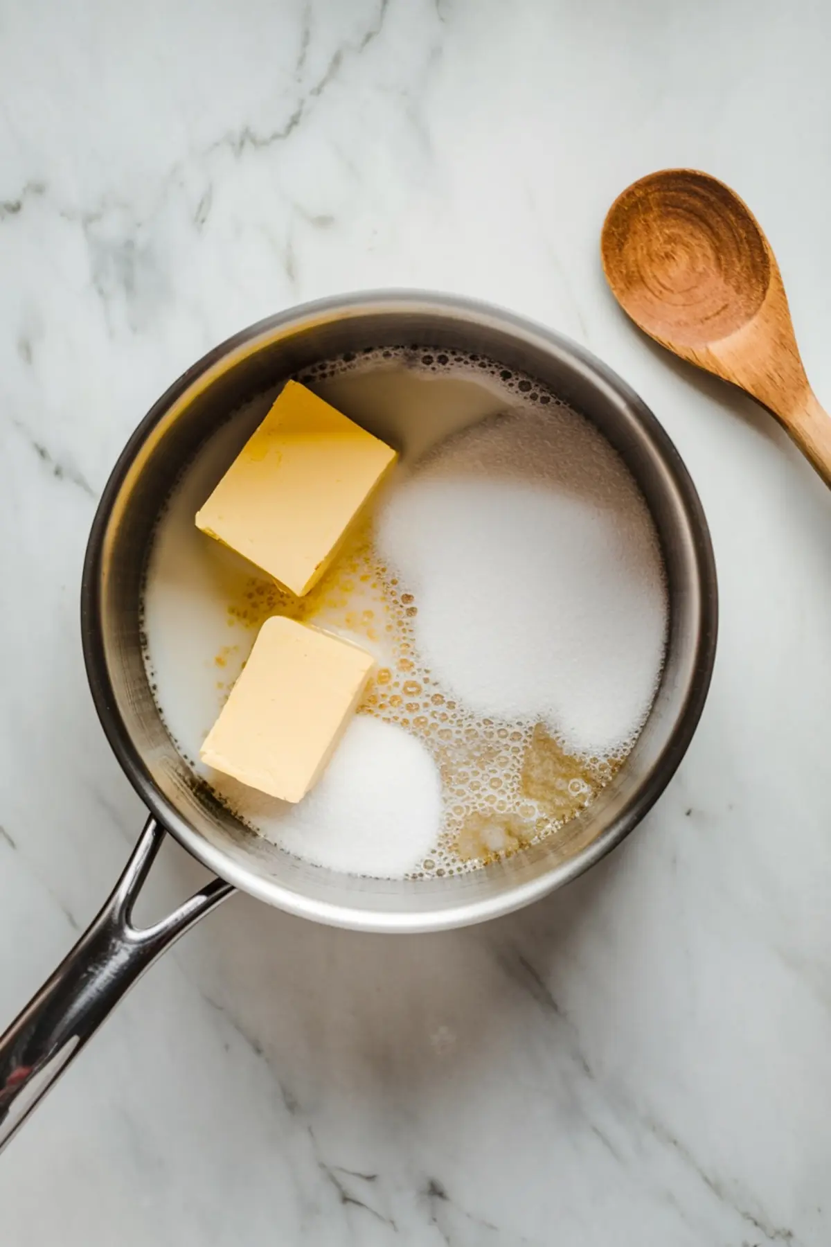 Overhead view of a saucepan with butter, milk, and sugar melting together, photographed on a white marble countertop next to a wooden spoon.