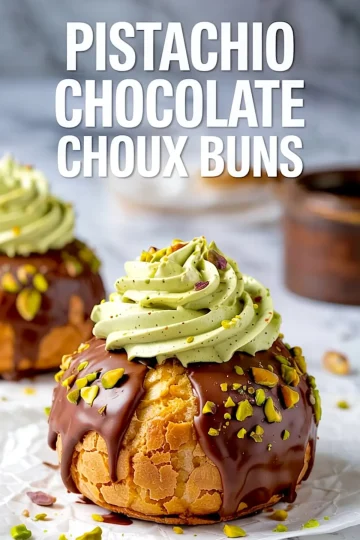 Close-up of a pistachio chocolate choux bun topped with glossy chocolate glaze, piped pistachio cream, and chopped pistachios, with bold text overlay reading “Pistachio Chocolate Choux Buns.”