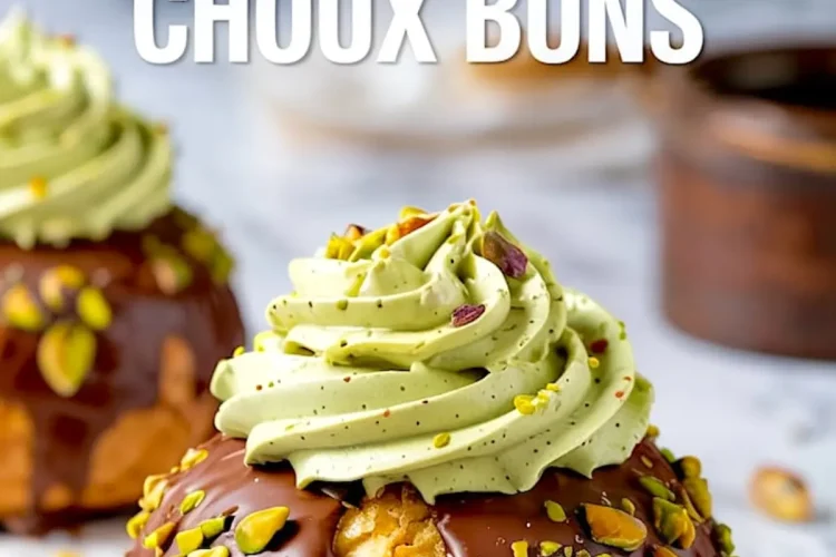 Close-up of a pistachio chocolate choux bun topped with glossy chocolate glaze, piped pistachio cream, and chopped pistachios, with bold text overlay reading “Pistachio Chocolate Choux Buns.”